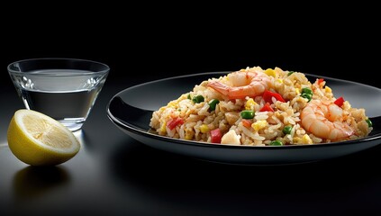 Fried rice dish with shrimp, garnished with lemon and a glass of clear liquid