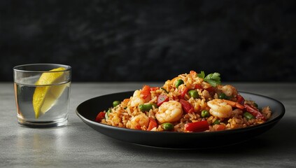 Spicy shrimp fried rice on a dark plate, beside a glass of water with lemon