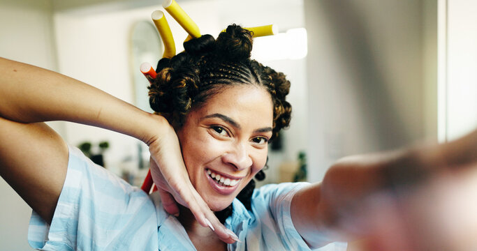 Beauty, girl or selfie with curlers in home for getting ready vlog, morning routine and portrait. Influencer, POV or photography in bathroom for hairstyle makeover, heatless curls update and haircare