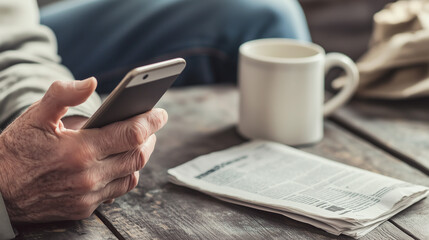 Close-up of elderly man's hand holding smartphone and reading news, coffee mug on table, copy space. Elderly people and gadgets.