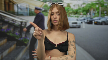 Young blonde woman wearing bikini top pointing finger in street; confidence attitude defiance...