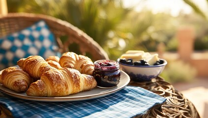 Croissants, jam, and butter on a patio.  A plate of golden-brown croissants sits alongside a small bowl of blueberries and a jar of blueberry jam.