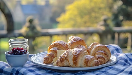 Fresh croissants on a plate, outdoor setting