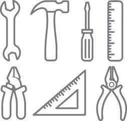 Gray Silhouette Line Art Set of Construction Tools Wrench Hammer Screwdriver Ruler Pliers Set Square
