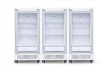 Three Empty White Commercial Refrigerators Displayed Together