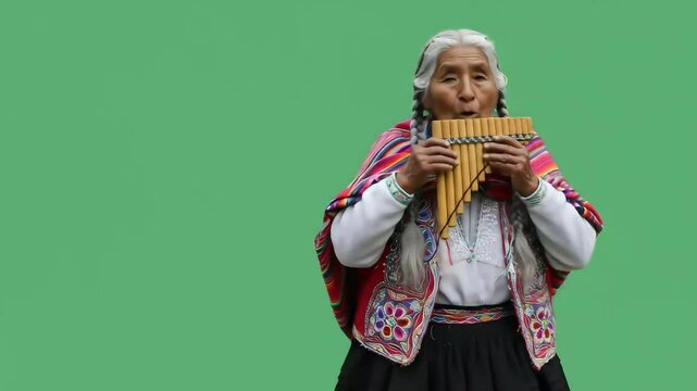 Elderly woman playing a panpipe wearing vibrant colors in her traditional clothing on green screen background