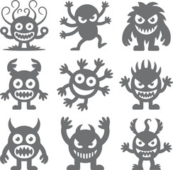 Fototapeta premium Nine Grey Cartoon Monster Silhouettes Various Expressions Poses White Background gray