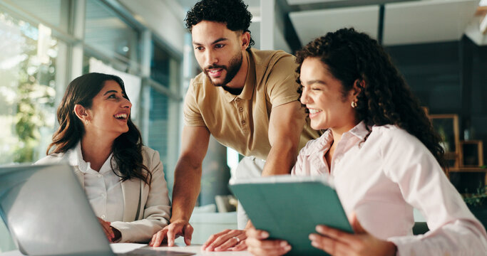 Laughing, meeting and colleagues with tablet, office and humor for project, collaboration and group. Happy, marketing coordinator and people with tech for campaign, teamwork and employees with jokes
