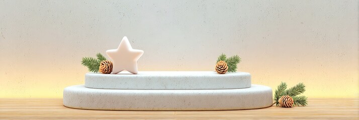 Minimalist holiday display with star ornament, pine cones, and greenery on tiered platform