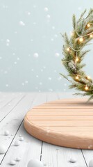 Festive wreath with lights on wooden platform in snowy winter scene