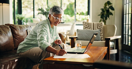 Mature woman, remote work and writing on document for finance, budget review and asset management....