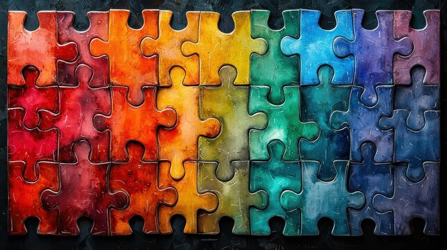 Colorful puzzle pieces arranged in a horizontal row,  displaying a spectrum of vibrant hues