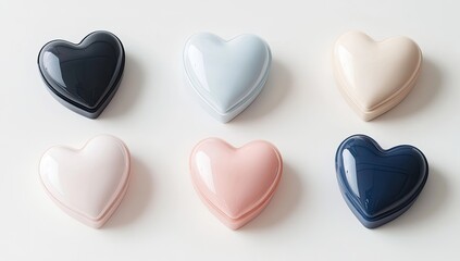 Six heart-shaped, pastel-colored boxes arranged in a grid pattern on a white surface.  Each box is glossy and displays varying shades of pastel hues.