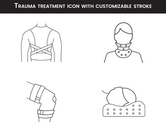 Trauma treatment icon set, Orthopedic pain, back pain, knee pain, neck pain, customizable stroke, vector, illustration