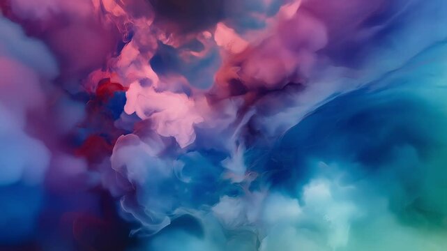 Colorful abstract fluid motion of ink in water, vibrant swirling clouds of paint in rainbow tones.