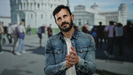 Hispanic man with a beard stands near pisa tower, wearing denim, amidst a bustling italian town...
