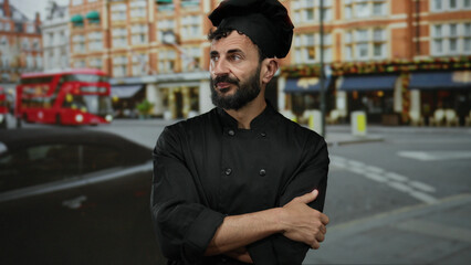 Chef man with beard stands thoughtfully on a busy street with a red bus in the background,...