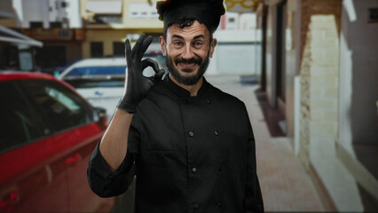 Hispanic man chef with beard smiling and giving okay gesture outdoors on sunny street in black...