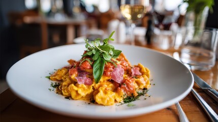 Delicious italian tortellini pasta with tomato sauce and fresh basil elegantly arranged on a white plate in a cozy restaurant setting with blurred background.