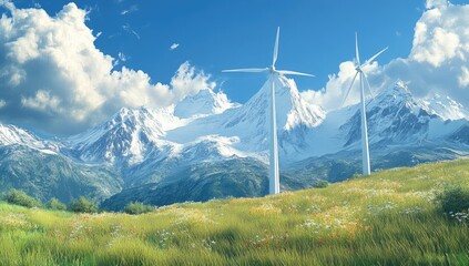 Majestic mountain vista, wildflowers, and wind turbines. Sunny, scenic landscape with snow-capped peaks and a field of vibrant wildflowers. 