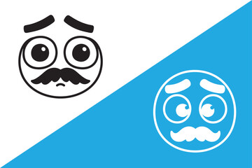 Worried cartoon face with mustache in two colors