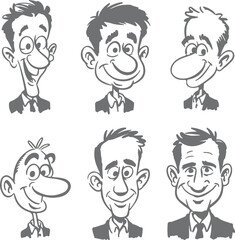 Fototapeta premium Six Gray Scale Cartoon Silhouettes of Smiling Men in Suits Different Hairstyles and Facial Features
