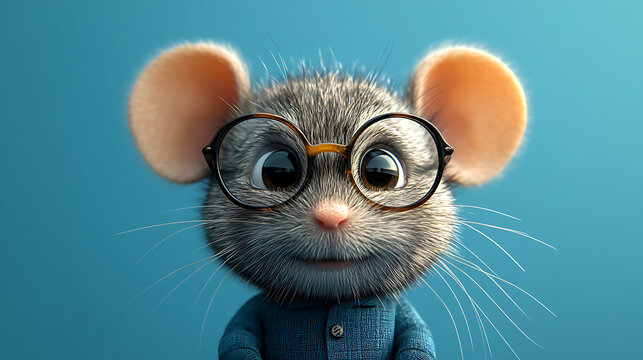 Cute cartoon mouse wearing glasses and a blue shirt, smiling against a solid blue background