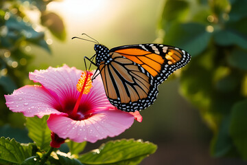 Fototapeta premium Monarch butterfly resting on a pink flower in a colorful garden setting