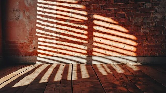 Sunlight casts parallel shadows on a brick wall and wooden floor