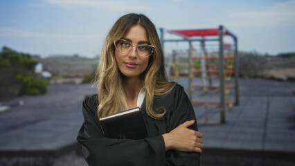 Woman judge in eyeglasses crosses arms holding book to chest on rooftop; justice authority...