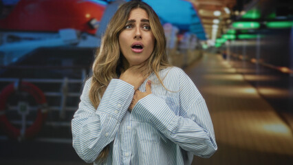 Blonde woman clutching her chest and coughing into her hand on ship deck at night; illness vulnerability.