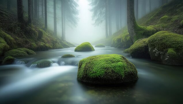 Misty forest stream with mossy rocks - Powered by Adobe