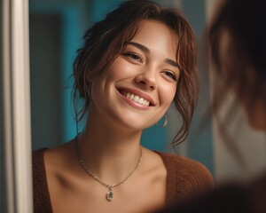 A woman expressing duality with a fake smile in cinematic lighting.