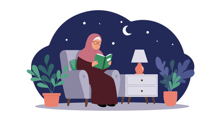 Muslim Woman Reading Quran at Home During Ramadan Night