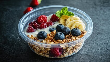 Healthy breakfast parfait in clear plastic container