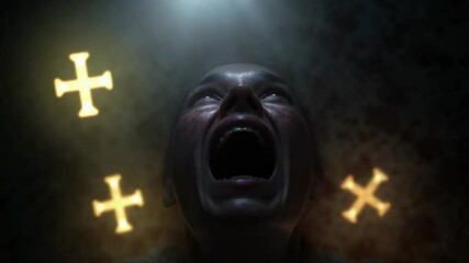 Woman screams in terror during exorcism with glowing crosses in dark room, concept of demonic possession and religious conflict