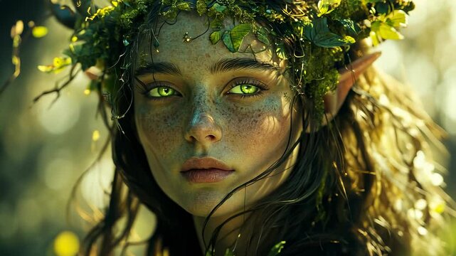 Close-up of young fairy girl with green glowing eyes. Elf woman with freckles and leaf crown in nature. Fairy portrait in nature with magical eyes. Elf gaze glows in nature. Fairy and elf spirit shine