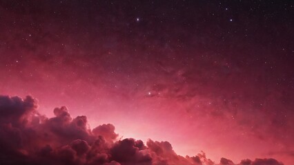Fototapeta premium Dramatic Night Sky with Stars and Clouds in Vibrant Red Hue, Vivid nighttime scenery showcasing a sky with countless stars, illuminated clouds, and a dynamic red gradient, evoking mystery and awe.