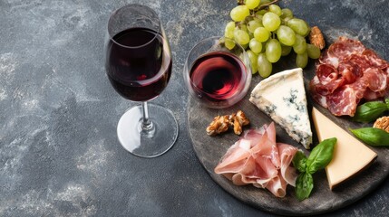 An overhead view showcases a delectable arrangement of cheese, grapes, cured meat, and walnuts served with red wine on a rustic platter, creating a gourmet scene.