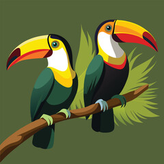 Two keel billed toucans perched on weathered wood