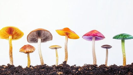 Colorful mushrooms in a row