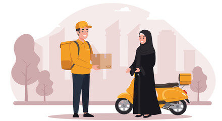 Delivery Man Handing Package to Muslim Woman with Scooter