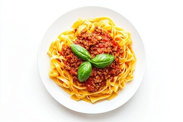 Tagliatelle pasta with Bolognese sauce, neatly swirled on a round white ceramic plate, garnished with fresh basil on top.