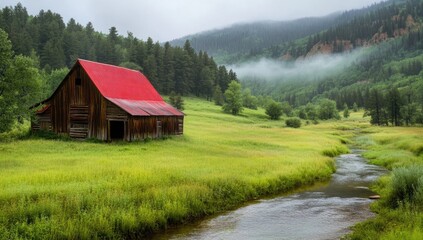 Rustic barn with red roof in a verdant valley