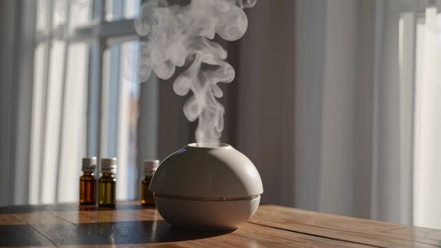 A modern diffuser and humidifier on a wooden table. Essential oil bottles are placed beside it. Soft light filters through sheer curtains. A calming atmosphere for aromatherapy and relaxation