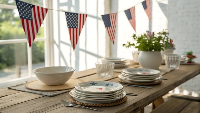 Patriotic table setting with american flags and dishes - Powered by Adobe