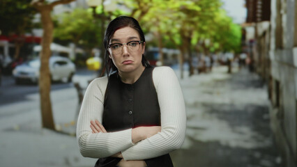 Fototapeta premium Woman with brunette hair wearing glasses stands with cross arms and a pensive expression on an urban street with blurred trees and cars in the background.