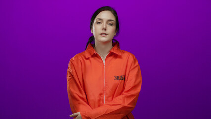 Fototapeta premium Woman in orange prison jumpsuit stands against a vivid purple background, brunette hair framing her face, conveying a powerful mood of incarceration and isolation.