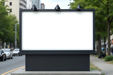 Fototapeta premium Blank white banner mockup on black city billboard, Empty bill board mock up isolated. Clear canvas template on sity street sign. Large outdoor poster screen. Big cityboard signage stand. 3d rendering.