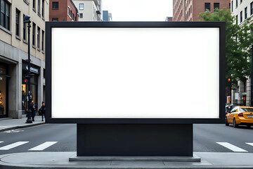 Fototapeta premium Blank white banner mockup on black city billboard, Empty bill board mock up isolated. Clear canvas template on sity street sign. Large outdoor poster screen. Big cityboard signage stand. 3d rendering.